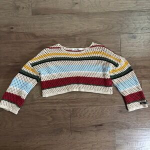 Daily‎ Paper Womens XS Crochet Knit Striped Cropped Sweater Multicolor Cotton